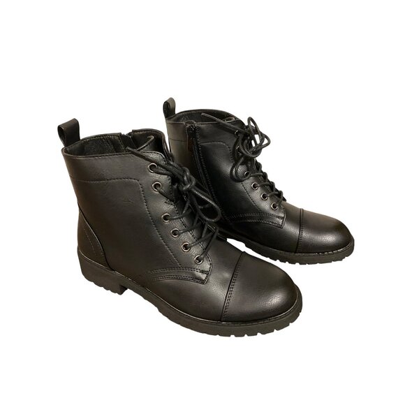 Womens Black Ankle Combat Boots With Lace-Up & Side Zipper Closure Synthetic Lea - Picture 6 of 7